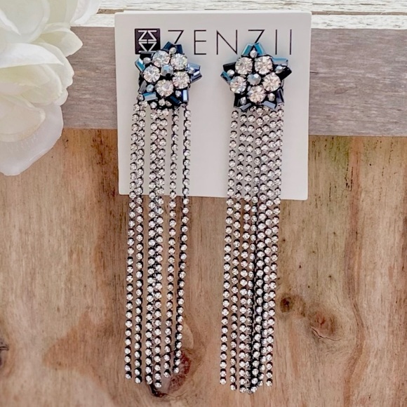 NWT ZENZII BLACK CRYSTAL TASSEL CLIP DROP EARRINGS - Picture 1 of 5